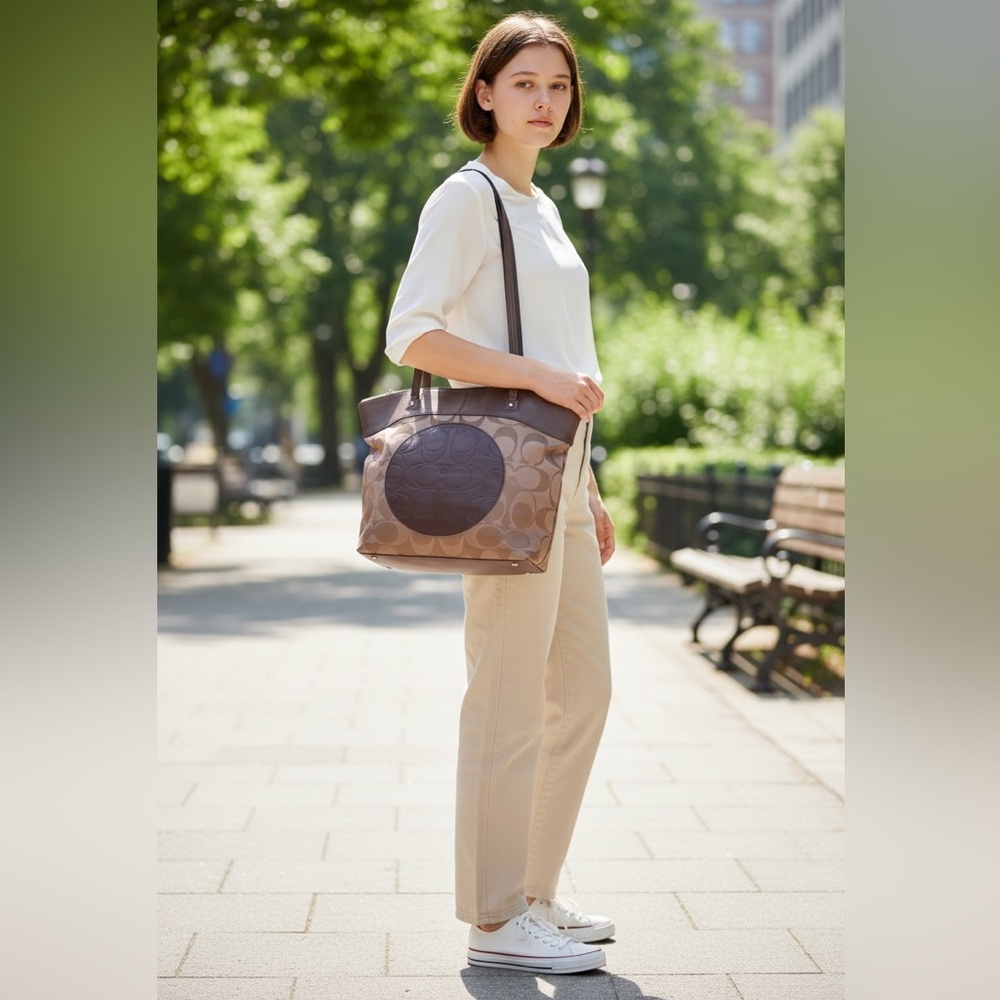 Coach Taupe and Dark Brown Signature Tote Bag